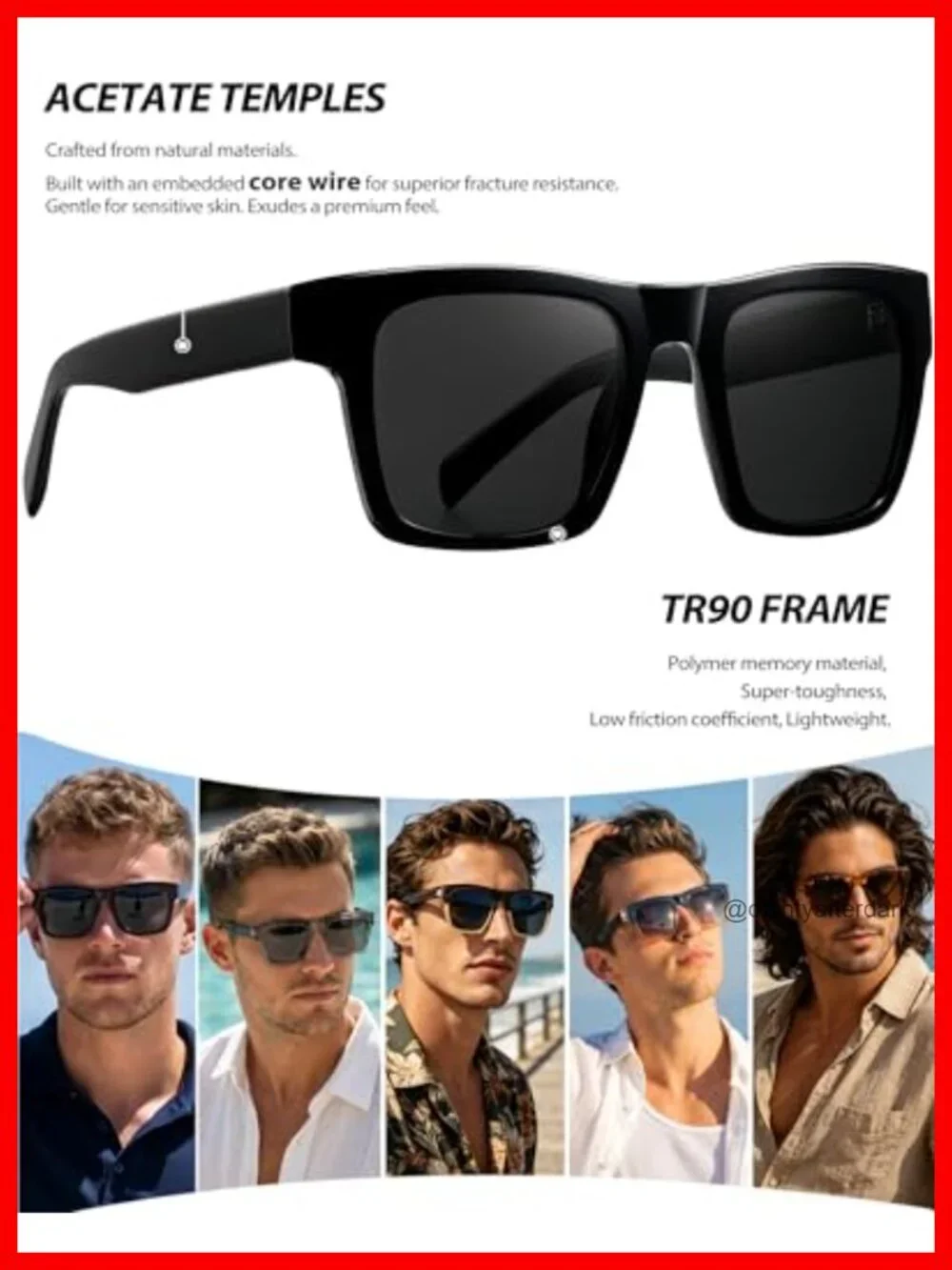 Acetate Square Sunglasses Oversized Polarized UV400 TR90 Frame Retro Shades